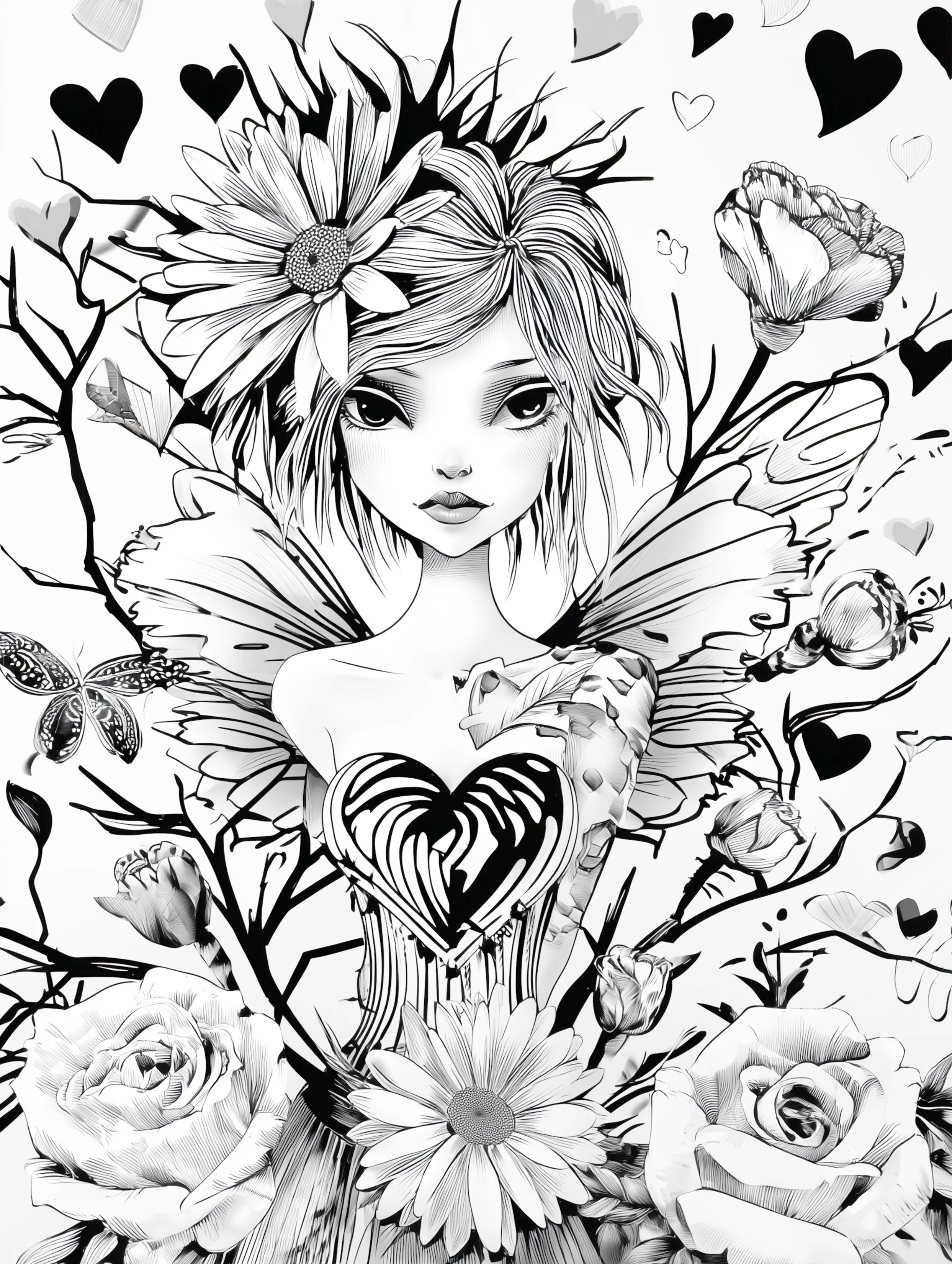 Free printable beautiful fairy coloring page featuring a floral fairy coloring page
